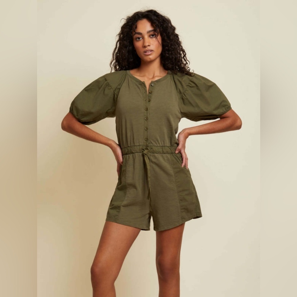 NATION LTD Garner Combo Romper - Ivy Green Size XS Cotton Puff Sleeves Neutral